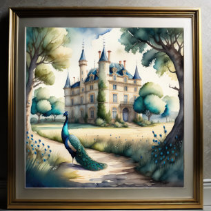 Waterverf Schilderij van Peacock en Chateau Poster