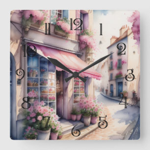 Waterverf Schilderij van Pink Flower Shop Paris Vierkante Klok