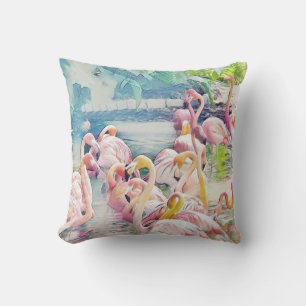 Waterverf Schilderij van Roze Flamingo's in het Wa Kussen