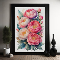 Waterverf Schilderij van Roze Pioenen II