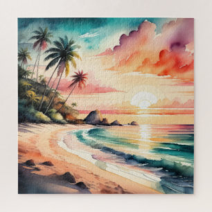 Waterverf Schilderij van Tropische Strand Zonsonde Legpuzzel