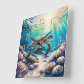 Waterverf Schilderij van Zee Turtle XIII Vierkante Klok (Hoek)