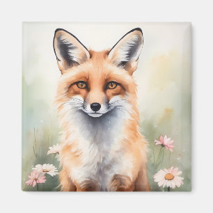 Waterverf Schilderij Vos met Daisy Flowers Magneet