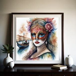 Waterverf Schilderij Vrouw Dragen Venetiaans Maske Poster