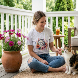 Waterverf Schortkat & Cosmo Bloemen Tuin Cadeau T-shirt