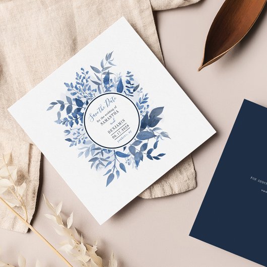 Waterverf Script Foliage Navy Blue Save the Date Notitiekaartje