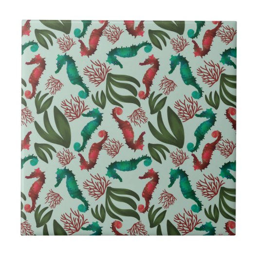 Waterverf Seahorse Mint Nautical Pattern Tegeltje (Voorkant)