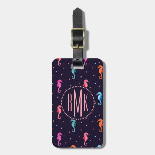 Waterverf Seapaarden op Navy Blue Pattern Bagagelabel