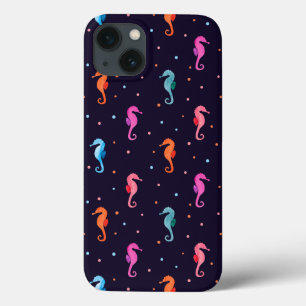 Waterverf Seapaarden op Navy Blue Pattern iPhone 13 Hoesje