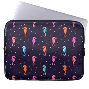 Waterverf Seapaarden op Navy Blue Pattern Laptop Sleeve