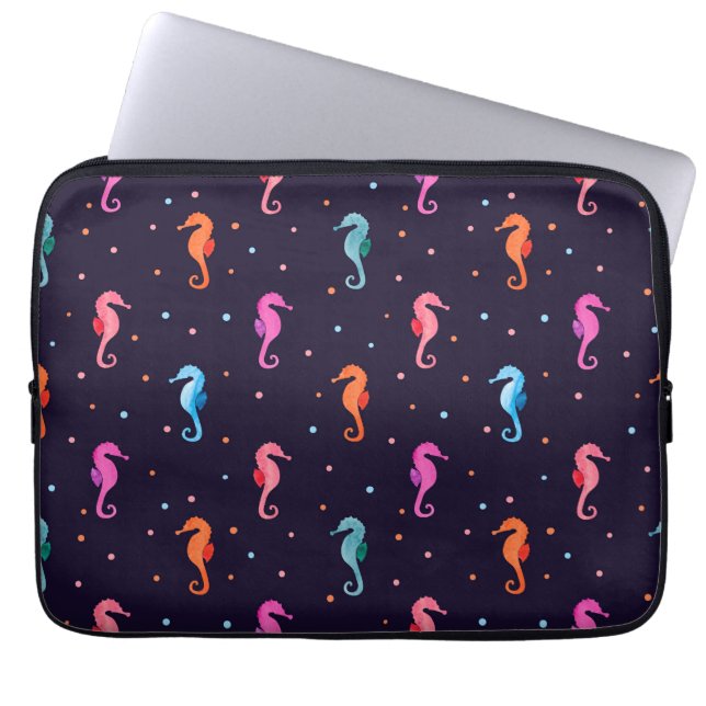 Waterverf Seapaarden op Navy Blue Pattern Laptop Sleeve (Voorkant)