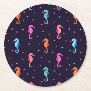 Waterverf Seapaarden op Navy Blue Pattern Ronde Kartonnen Onderzetter