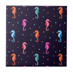 Waterverf Seapaarden op Navy Blue Pattern Tegeltje