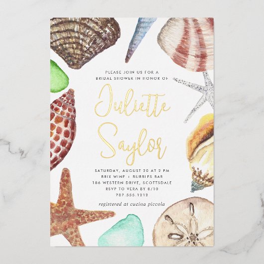 Waterverf Seashell Beach Vrijgezellenfeest Gold Folie Uitnodiging (Voorkant)