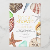 Waterverf Seashell Beach Vrijgezellenfeest Gold Folie Uitnodiging (Voorkant)