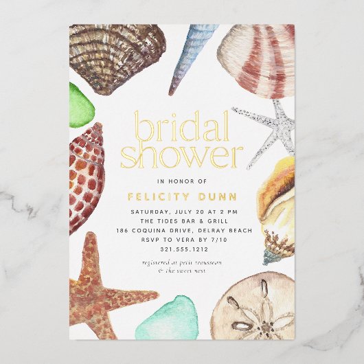 Waterverf Seashell Beach Vrijgezellenfeest Gold Folie Uitnodiging (Voorkant)