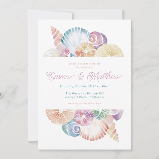 Waterverf Seashell bruiloft Details Terug, QR & Kaart (Voorkant)