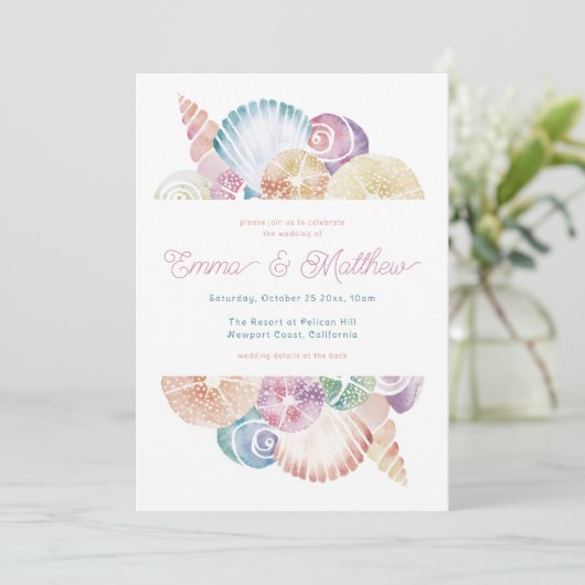 Waterverf Seashell bruiloft Details Terug, QR & Kaart (Staand voorkant)