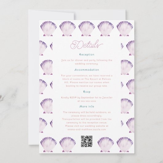 Waterverf Seashell bruiloft Details Terug, QR & Kaart (Achterkant)