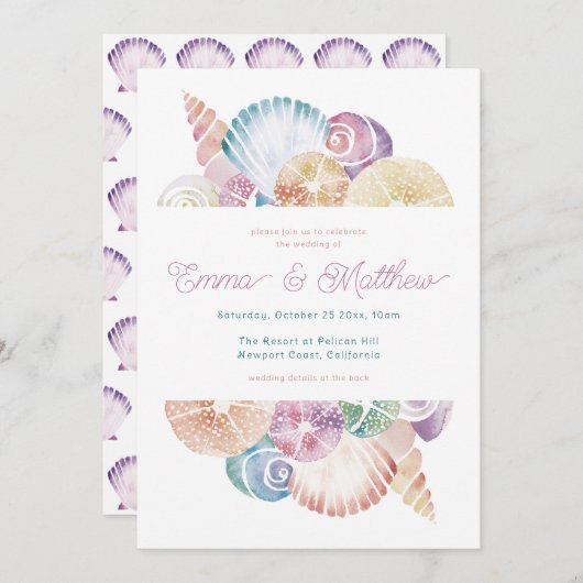 Waterverf Seashell bruiloft Details Terug, QR & Kaart (Voorkant / Achterkant)