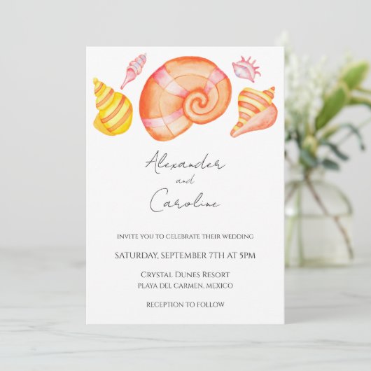 Waterverf Seashell Destination Weddingsuitnodiging Kaart (Staand voorkant)