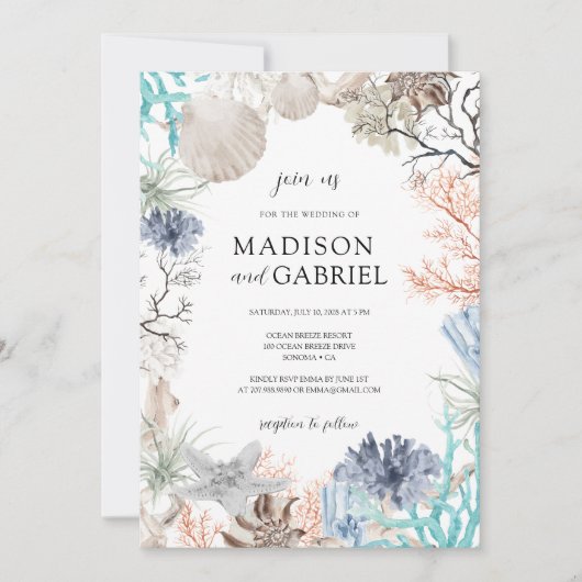 Waterverf Seashell Koraal Starfish Zeebruiloft Kaart (Voorkant)