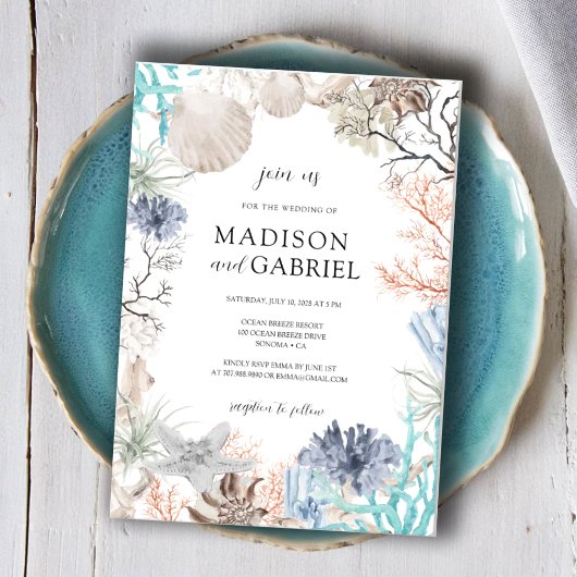 Waterverf Seashell Koraal Starfish Zeebruiloft Kaart