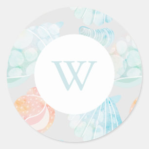 Waterverf Seashell Monogram Classic Round Sticker