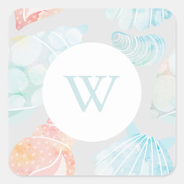 Waterverf Seashell Monogram Classic SquareSticker Vierkante Sticker