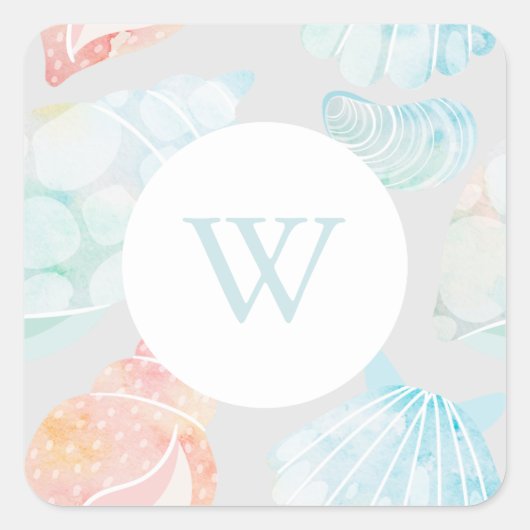 Waterverf Seashell Monogram Classic SquareSticker Vierkante Sticker (Voorkant)