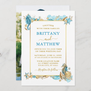 Waterverf Seashells Coral Foto Blue Wedding Kaart