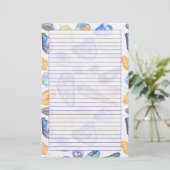 Waterverf Seashells Paarse Lined Briefpapier (Staand voorkant)