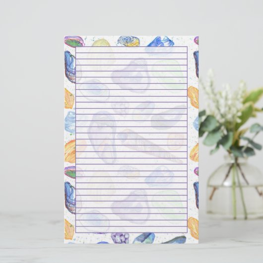 Waterverf Seashells Paarse Lined Briefpapier (Staand voorkant)