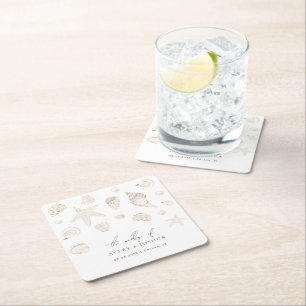 Waterverf Seashells Parels Nautisch Strand Huwelij Vierkante Kartonnen Onderzetter