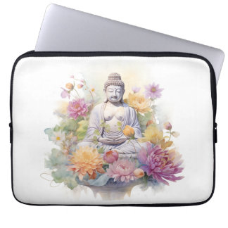 Waterverf Serene Boeddha Roze Geel Bloemen Kunst Laptop Sleeve