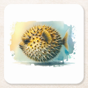 Waterverf serie: Blowfish Vierkante Kartonnen Onderzetter