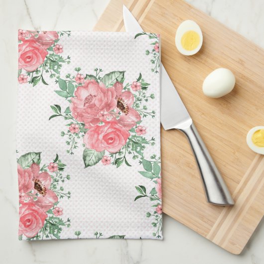Waterverf Shabby Chic Pink Roses and Polka Dots Theedoek (Quarter Fold)