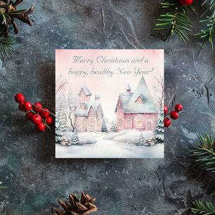 Waterverf Shabby Pink Snowy Village Feestdagenkaart