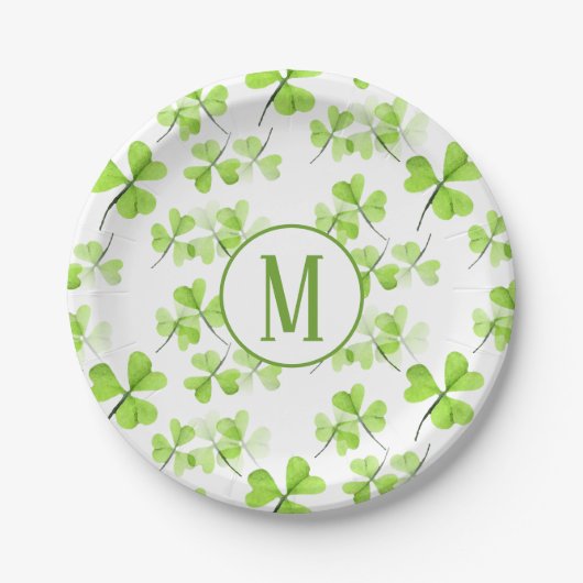 Waterverf Shamrocks Pattern Monogram SPD Partij Papieren Bordje (Voorkant)