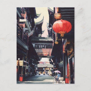 waterverf "Shanghai Market" China Briefkaart