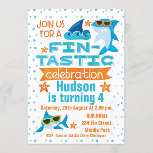 Waterverf Shark Fin-tastic Birthday Uitnodiging