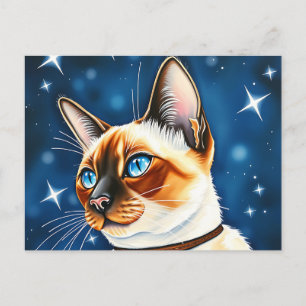 Waterverf Siamese kat verkent een sterrenverlichte Briefkaart