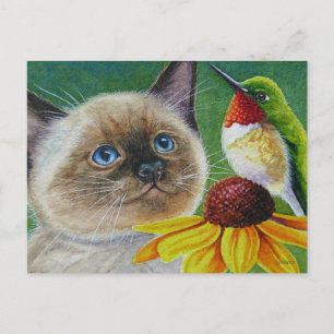 Waterverf Siamese Kitten en Hummingbird Art Briefkaart