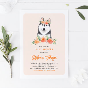 Waterverf Siberian Husky Peach Floral Baby shower Kaart