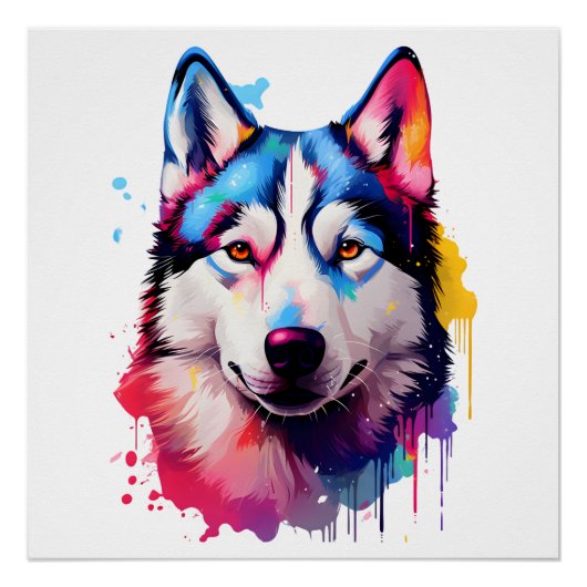 Waterverf Siberische Husky kleurrijke kunst Perfect Poster (Voorkant)
