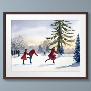 Waterverf Simplistic Schaatsen Wintervijver Poster