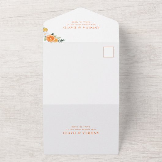 Waterverf Sinaasappel Citrus bloesem bruiloft All In One Uitnodiging (Buitenkant)