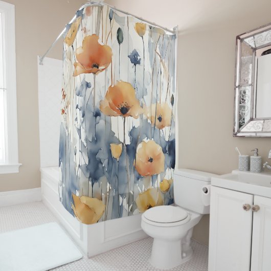 Waterverf Sinaasappels Bloemen Blauw Indigo Design Douchegordijn (In situ)