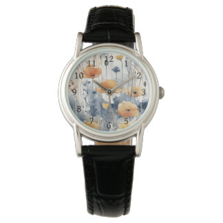 Waterverf Sinaasappels Bloemen Blauw Indigo Design Horloge