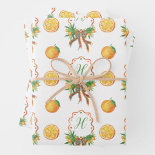 Waterverf Sinaasappels Plaid Bow Christmas Monogra Inpakpapier Vel